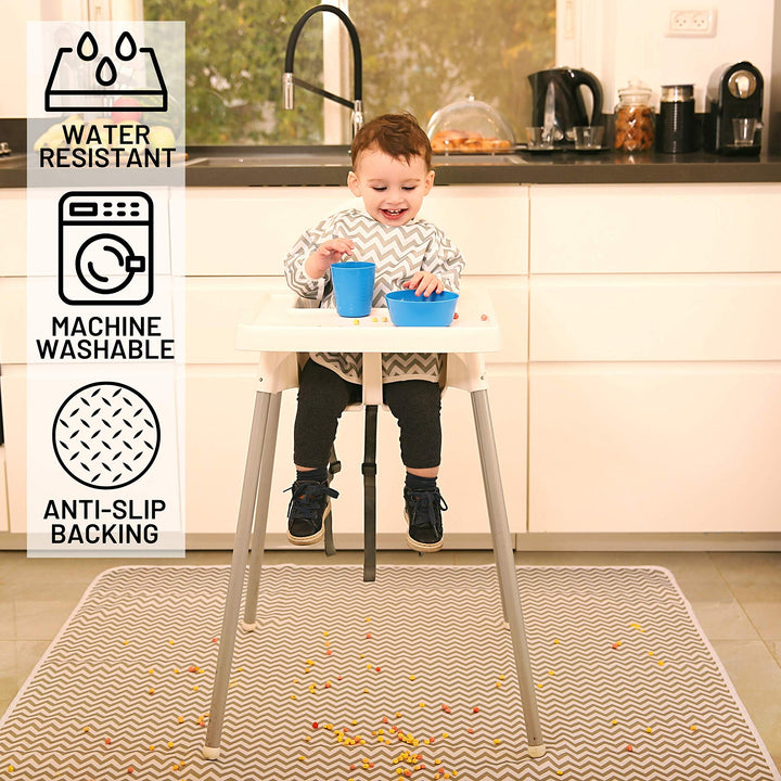 Baby Splat Mat for Under High Chair Floor Mat - Splash Mat, Waterproof Floor Mat - Anti Slip, Washable, Extra Large (51 Inch) + Baby Bib with Sleeves - Dinosaur