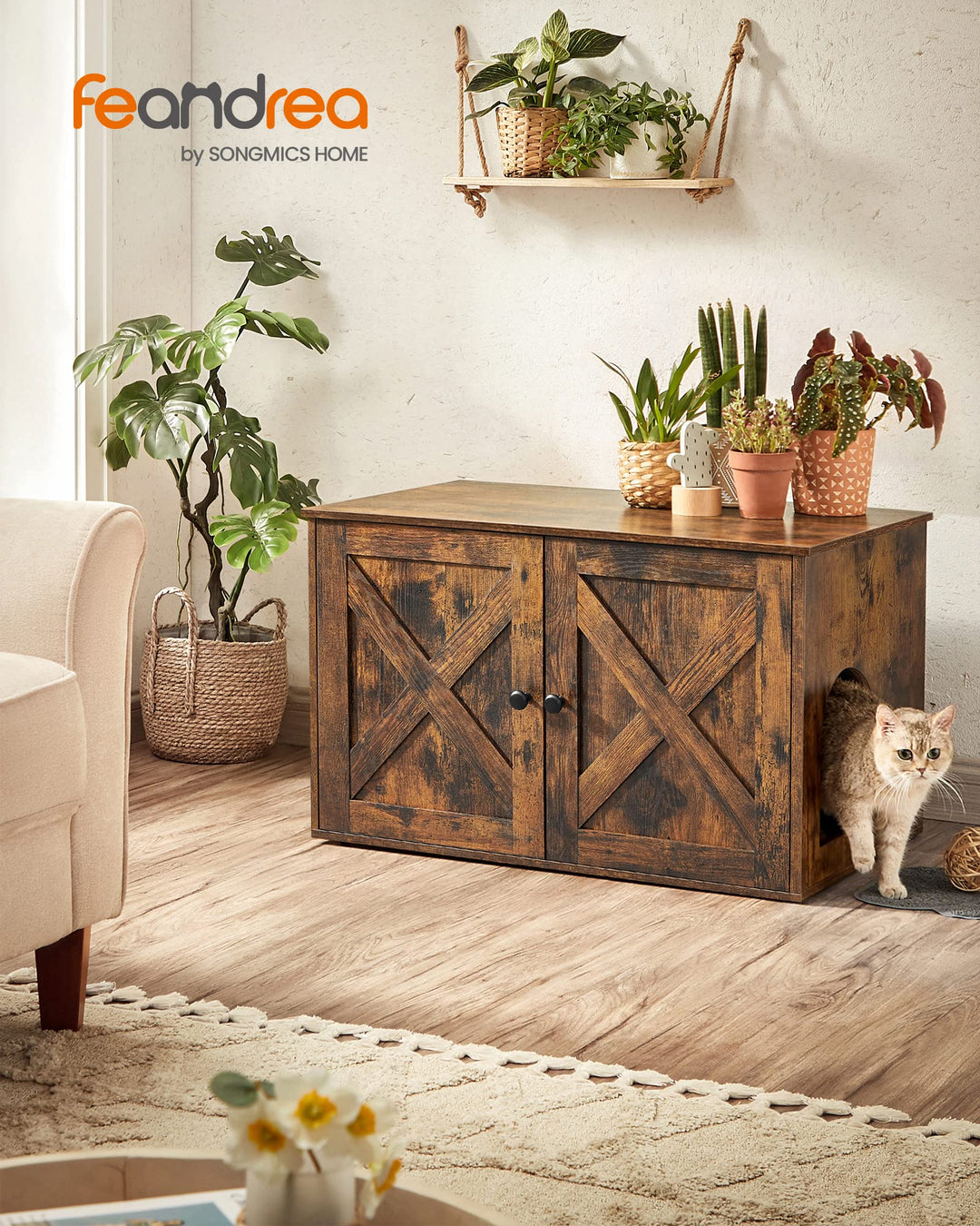 Cat Litter Box Enclosure, Litter Box Furniture Hidden with Removable Divider, Indoor Cat House, End Table, 31.5 x 20.9 x 19.7 Inches, Rustic Brown UPCL002X01