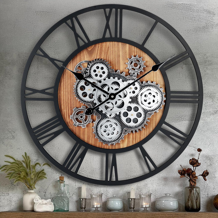23 Inch Gear Clock with Moving Gears,Large Wall Clocks for Living Room Decor,Farmhouse Steampunk Real Moving Gears Wall Clocks Battery Operated for Office Home Decor
