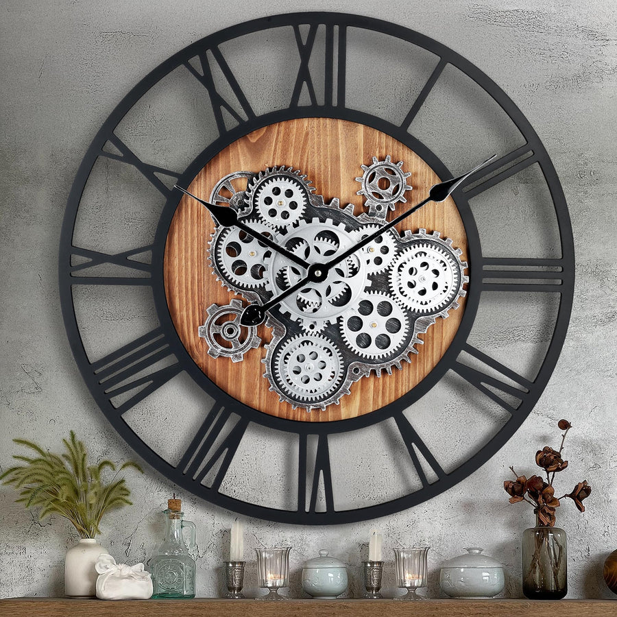 23 Inch Gear Clock with Moving Gears,Large Wall Clocks for Living Room Decor,Farmhouse Steampunk Real Moving Gears Wall Clocks Battery Operated for Office Home Decor