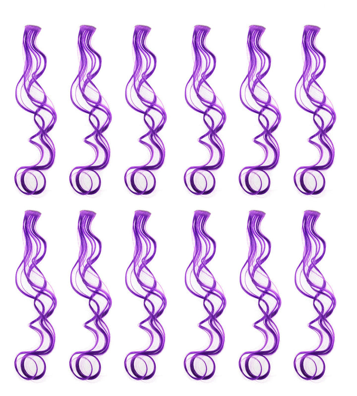Purple : 12 Pcs Curly One Color Party Highlights Clip on in Hair Extensions Colored Hair Streak Synthetic Hairpieces (Purple)
