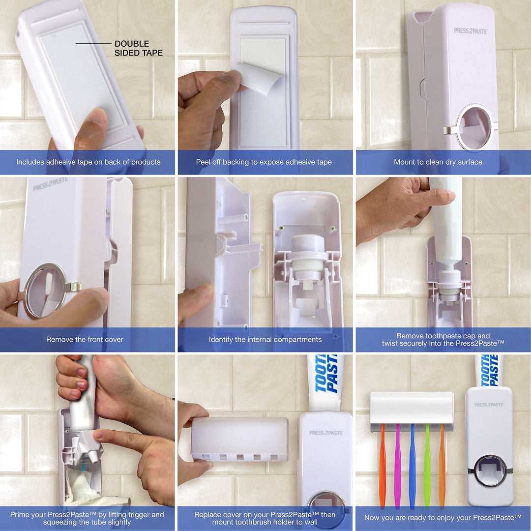 Press 2 Paste - Hands Free Automatic Toothpaste Dispenser and Toothbrush Holder