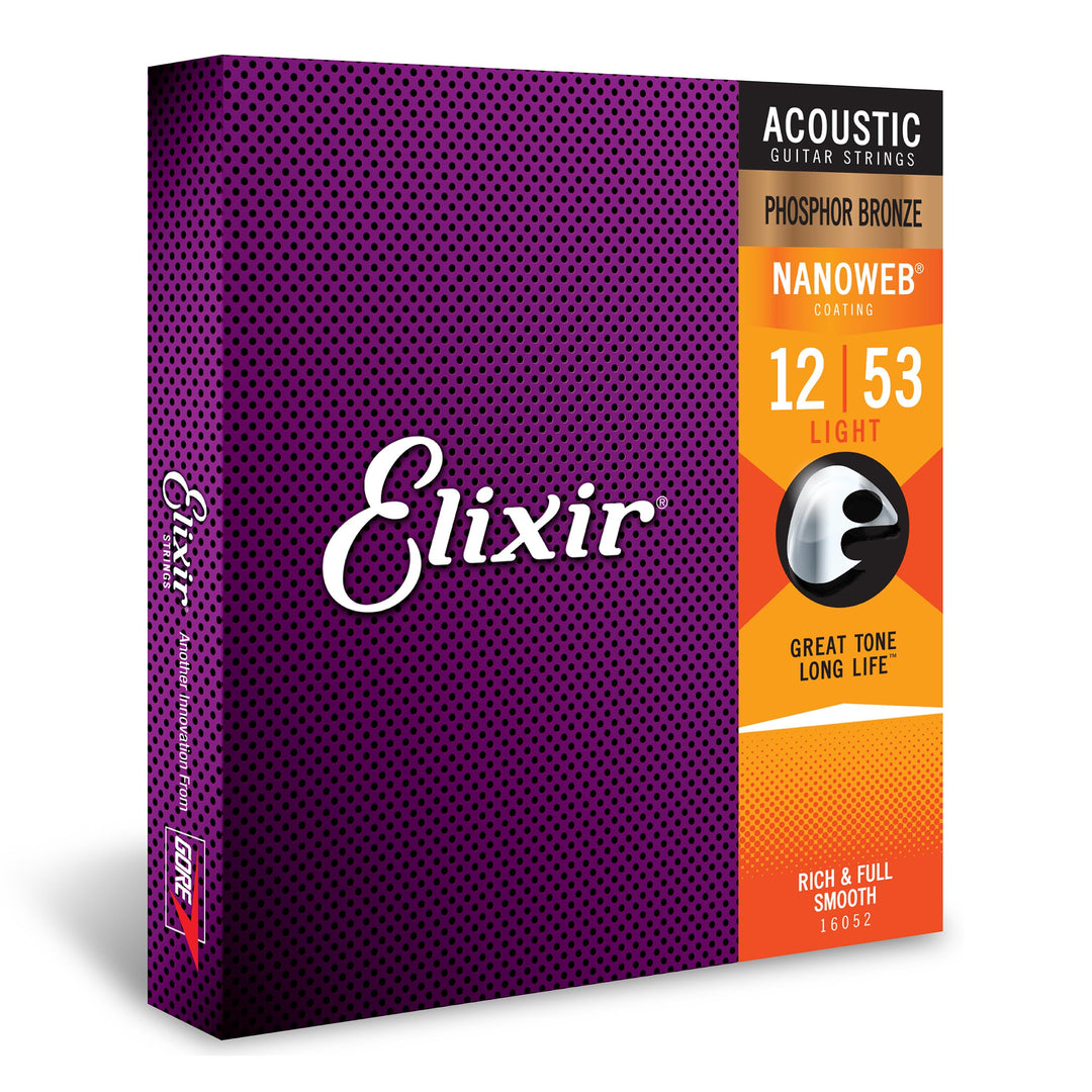 Strings, Acoustic Guitar Strings, Phosphor Bronze with NANOWEB Coating, Longest-Lasting Rich and Full Tone with Comfortable Feel, 6 String Set, Light 12-53