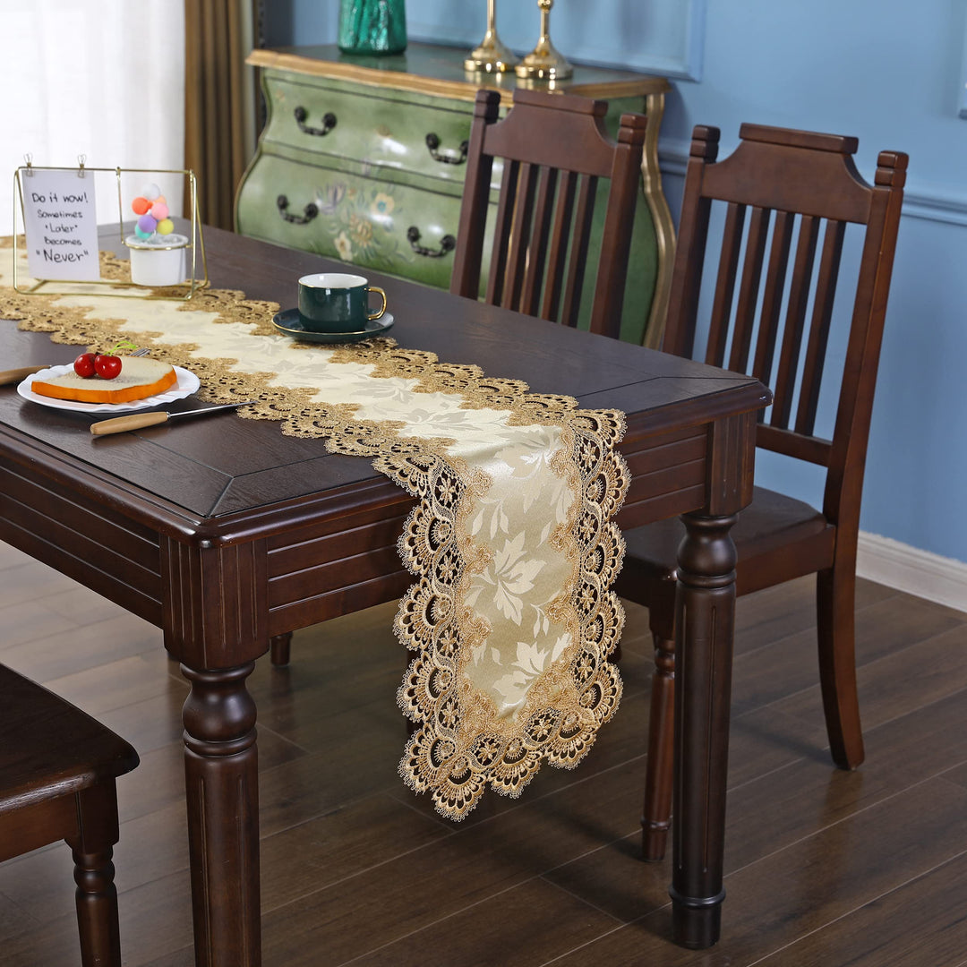 Jacquard Table Runner with Macrame Lace Fabric Small Runners for End Side Card Tabletop Decorations Gold 36 inch, 13 x 36 inch