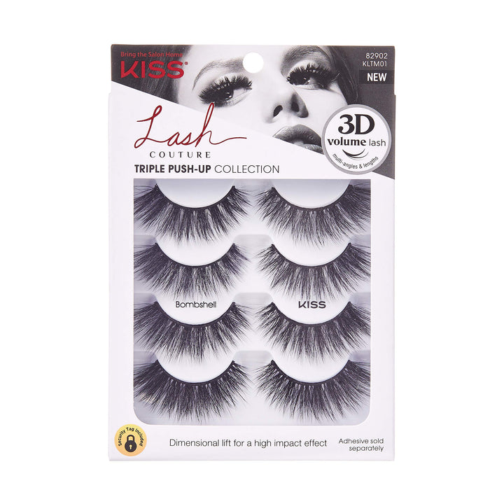Lash Couture Triple Push Up Collection Multipack, 3D Volume False Eyelashes with Triple Design Technology, Multi-Angles &amp; Lengths, Contact Lens Friendly, Reusable, Style Bombshell, 4 Pairs
