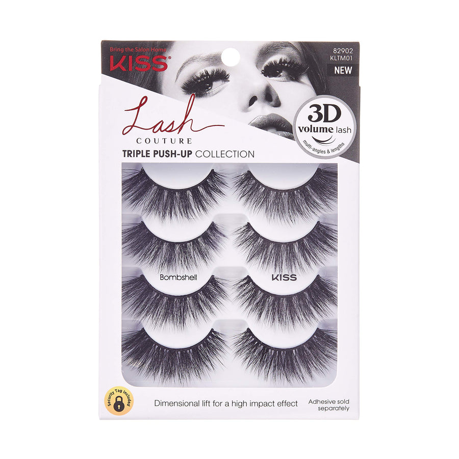 Lash Couture Triple Push Up Collection Multipack, 3D Volume False Eyelashes with Triple Design Technology, Multi-Angles & Lengths, Contact Lens Friendly, Reusable, Style Bombshell, 4 Pairs