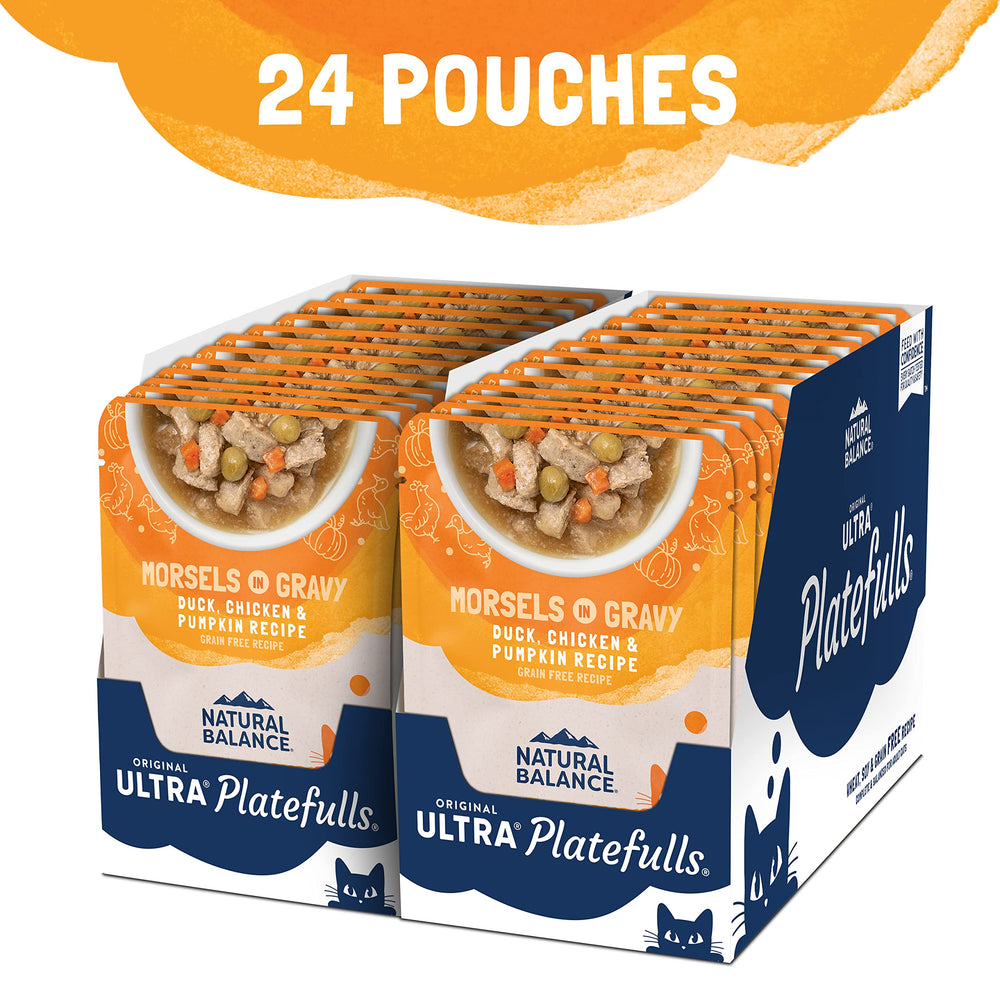 Original Ultra Platefulls Indoor Adult Grain Free Wet Cat Food, Duck, Chicken & Pumpkin Recipe, 3 Ounce Pouch (Pack of 24)