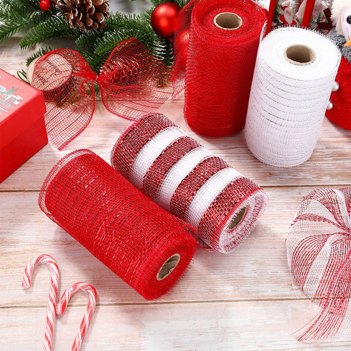 4 Rolls Mesh Ribbon, Metallic Foil Mesh Ribbon Metallic Mesh Ribbon for Door Wreath DIY Crafts Making Supplies (Red White,10 Inch)