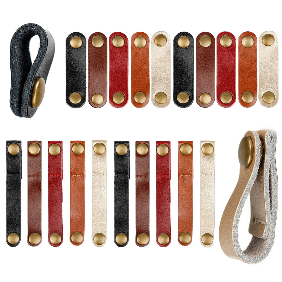 Leather Cable Straps Cable Ties Cable Organizers Cord Management for Organizing USB Cable Headphone Wires, 2 Sizes 5 Colors