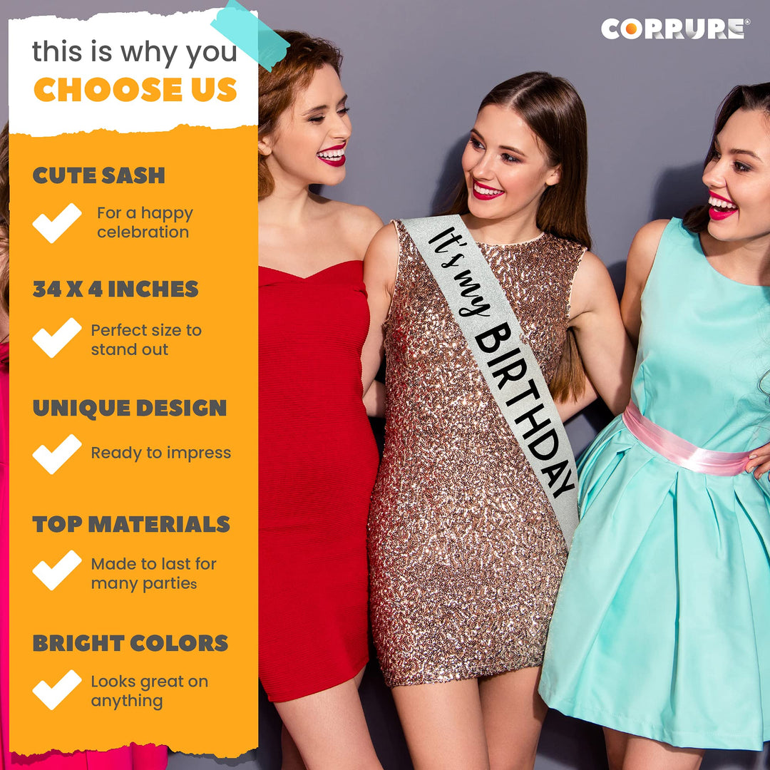 &#39;It&#39;s My Birthday&#39; Sash Glitter with Black Foil - Silver Glitter Birthday Sash for Women and Men - Happy Birthday Sash for Girls, Sweet 16, 18th 21st 25th 30th 40th 50th