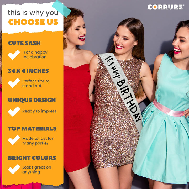 &#39;It&#39;s My Birthday&#39; Sash Glitter with Black Foil - Silver Glitter Birthday Sash for Women and Men - Happy Birthday Sash for Girls, Sweet 16, 18th 21st 25th 30th 40th 50th