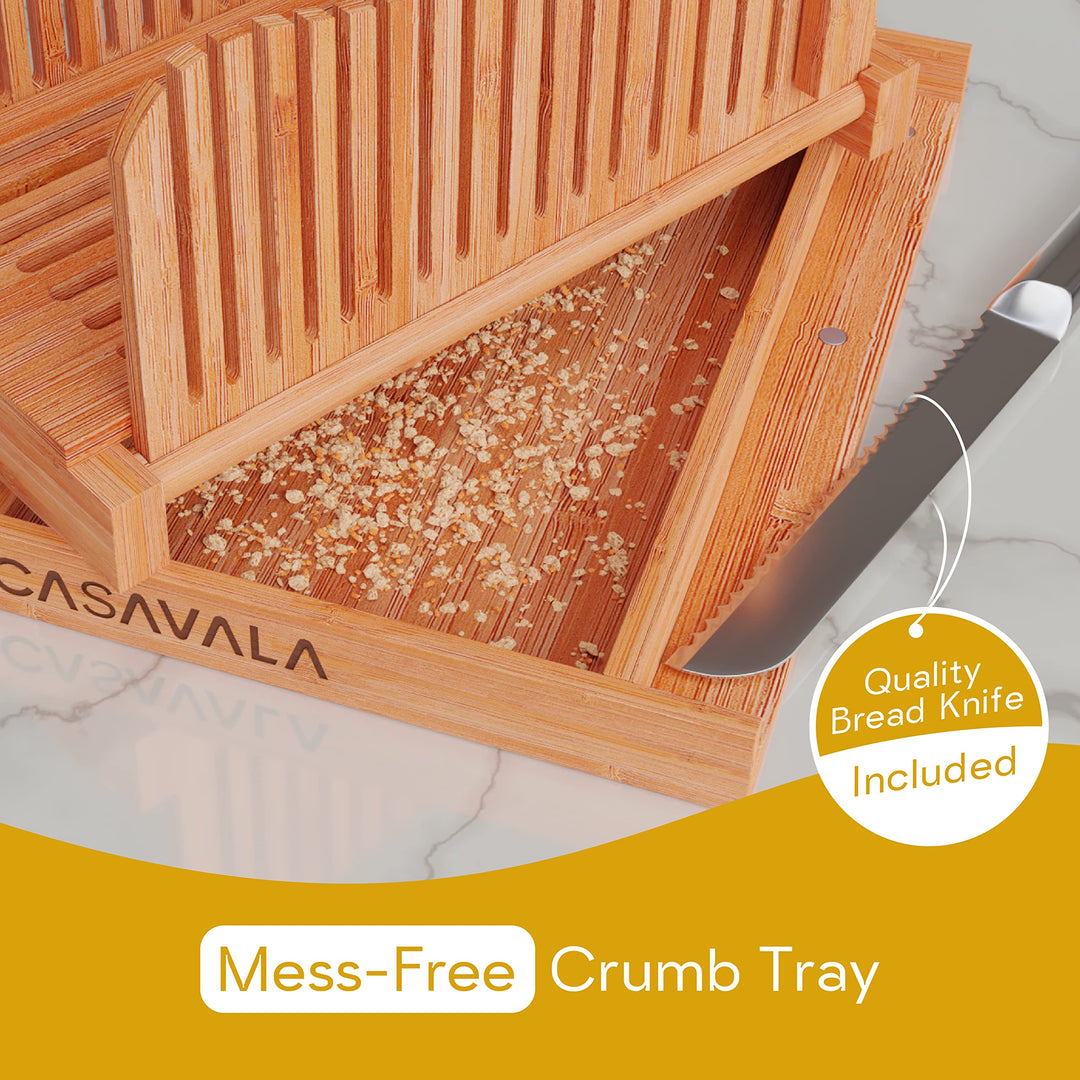 Bamboo Bread Slicer For Homemade Bread - Bread Loaf Slicing Machine With Crumbs Tray, Foldable Bread Cutter, Adjustable Slice Sizes, Bread Cutting Guide With Sharp Bread Knife &amp; Storage Bag
