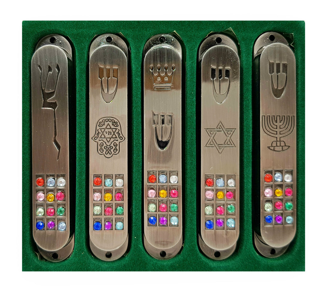 Set of 5 Pewter Jewish MEZUZAH CASE with Hoshen 12 Trib