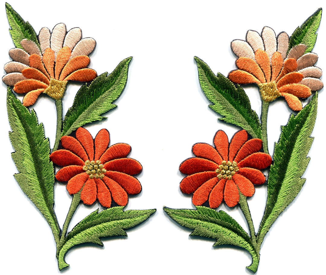 Orange Peach Daisies Pair Flowers Floral Bouquet Boho Embroidered Appliques Iron-on Patches S-726