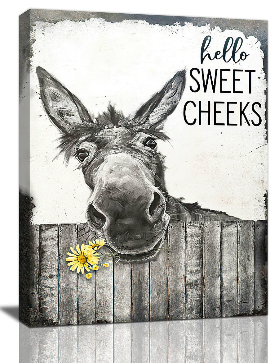 Farmhouse Bathroom Wall Art Donkey Poster Funny Donkey Pictures for Wall Rustic Canvas Print Black and White Painting Animal Wall Décor Country Vintage Framed Artwork 16x20