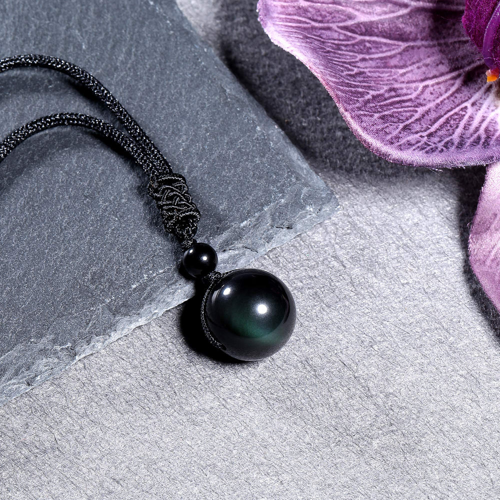 16mm Natural Black Obsidian Rainbow Eyes Stone Lucky Blessing Chakra Beads Pendant Necklace with Adjustable Braided Rope Cord