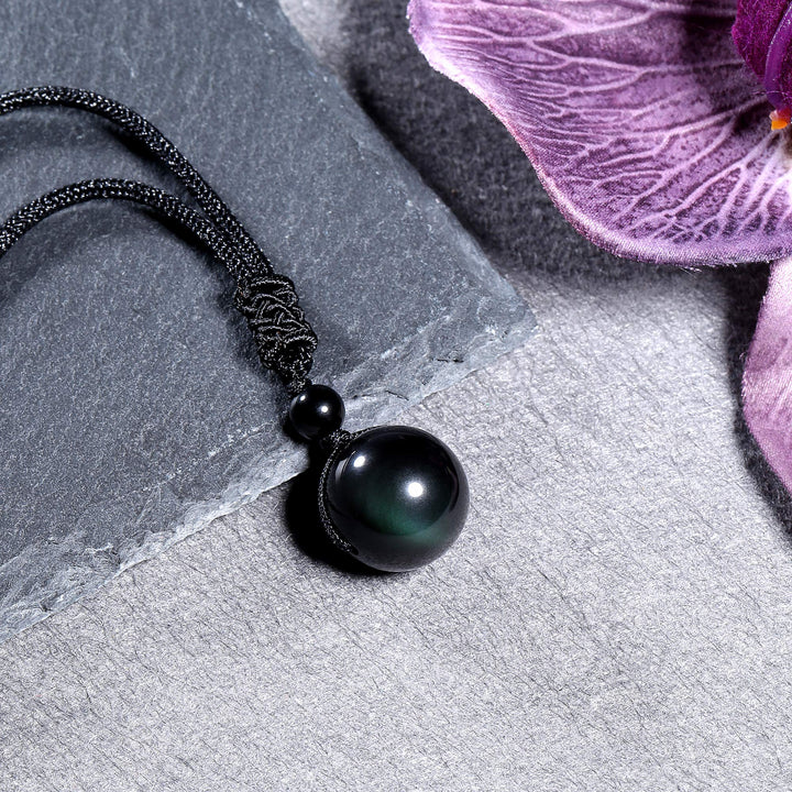 16mm Natural Black Obsidian Rainbow Eyes Stone Lucky Blessing Chakra Beads Pendant Necklace with Adjustable Braided Rope Cord