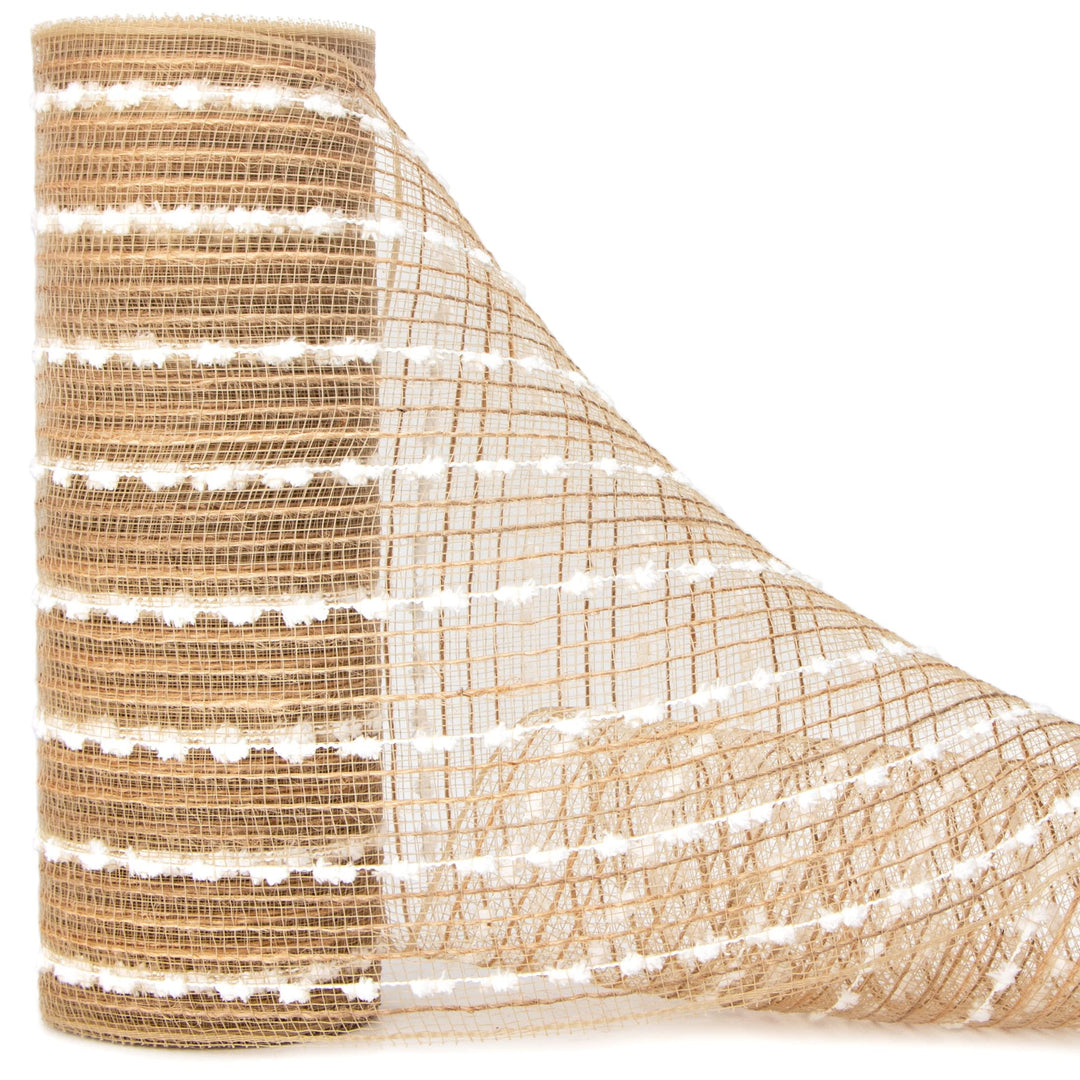 Snowball Natural Burlap Mesh Ribbon, 10 inch x 30 feet(10Yard), Natural with Cotton Snowball and Jute, Christmas Ribbon for Wreath Swags and Christmas Tree