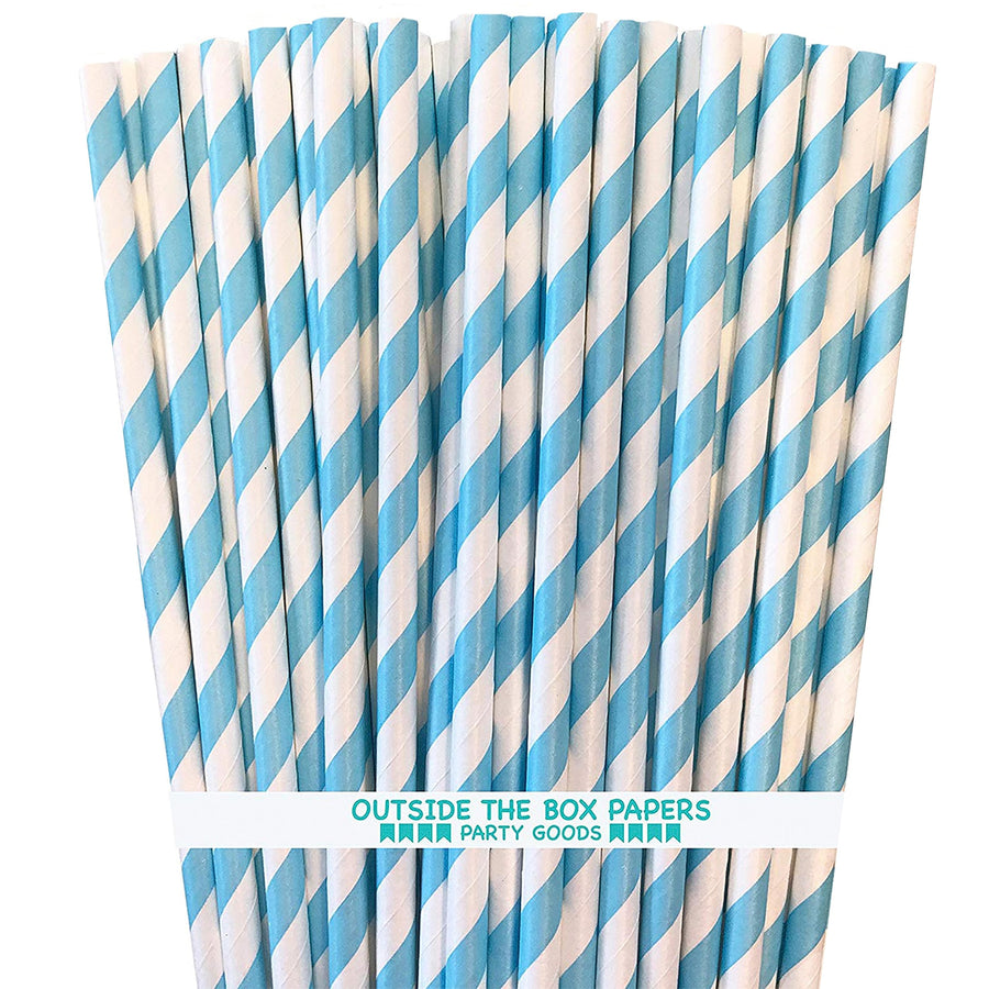 Light Blue Stripe Paper Straws - 100 Pack