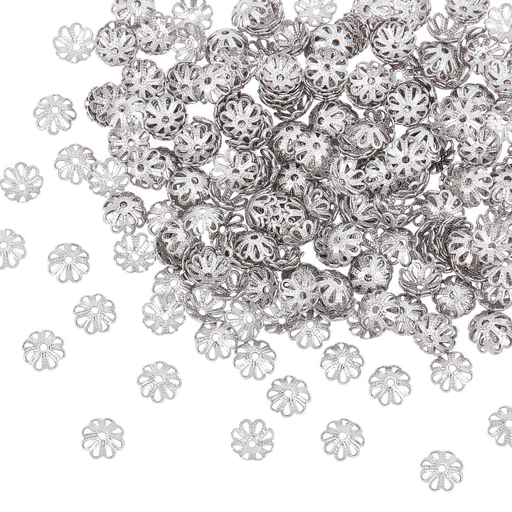 About 300pcs MultiPetal Flower Bead Caps 7mm Stainless Steel Hollow Spacer Caps Metal Bead Cap Spacers for Bracelet Necklace Jewelry Making Stainless Steel Color