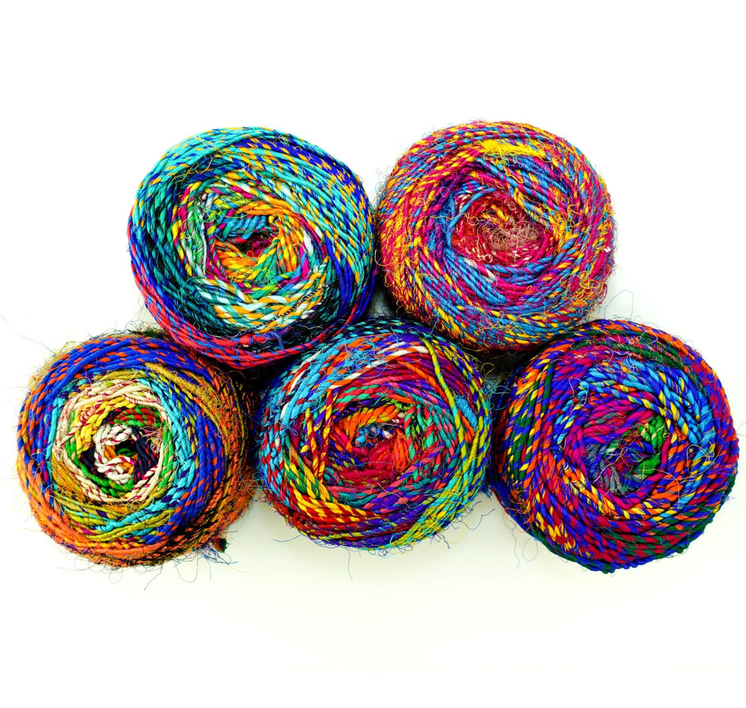 Recycled Sari Silk Yarn, Multi-Color Pure Silk Yarn, Made from Handspun Used Sari Fabric Ribbon Scraps, Rainbow Yarn for Knitting, Weaving &amp; Crocheting 100 Grams per Ball (2-Pack)