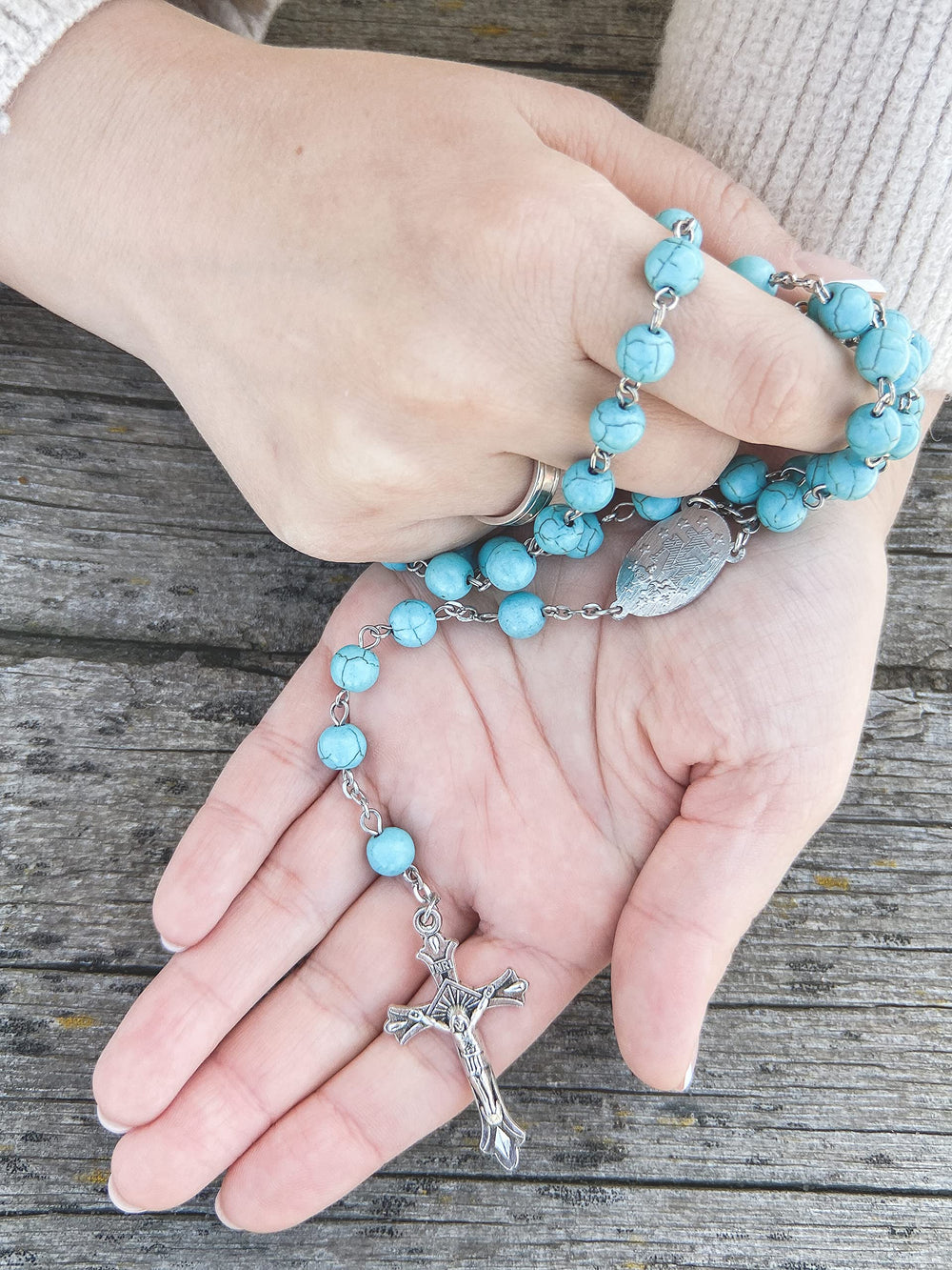 Sky Blue Marble Stone Beads Rosary Turquoise Beaded Necklace Catholic Miraculous Medal & Jesus Cross