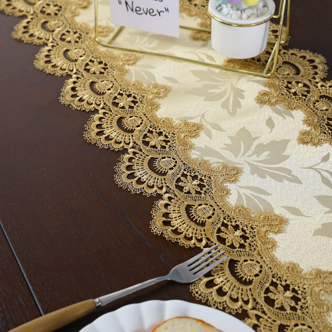 Jacquard Table Runner with Macrame Lace Fabric Small Runners for End Side Card Tabletop Decorations Gold 36 inch, 13 x 36 inch