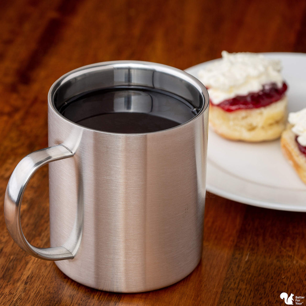 Stainless Steel Coffee Mugs - Premium Wider Handle 'BLUE' & 'PINK' Laser Engraved Coffee Cups - Perfect for the Home Camping RV 13.5 oz Shatterproof Dishwasher Safe (Set of 2)