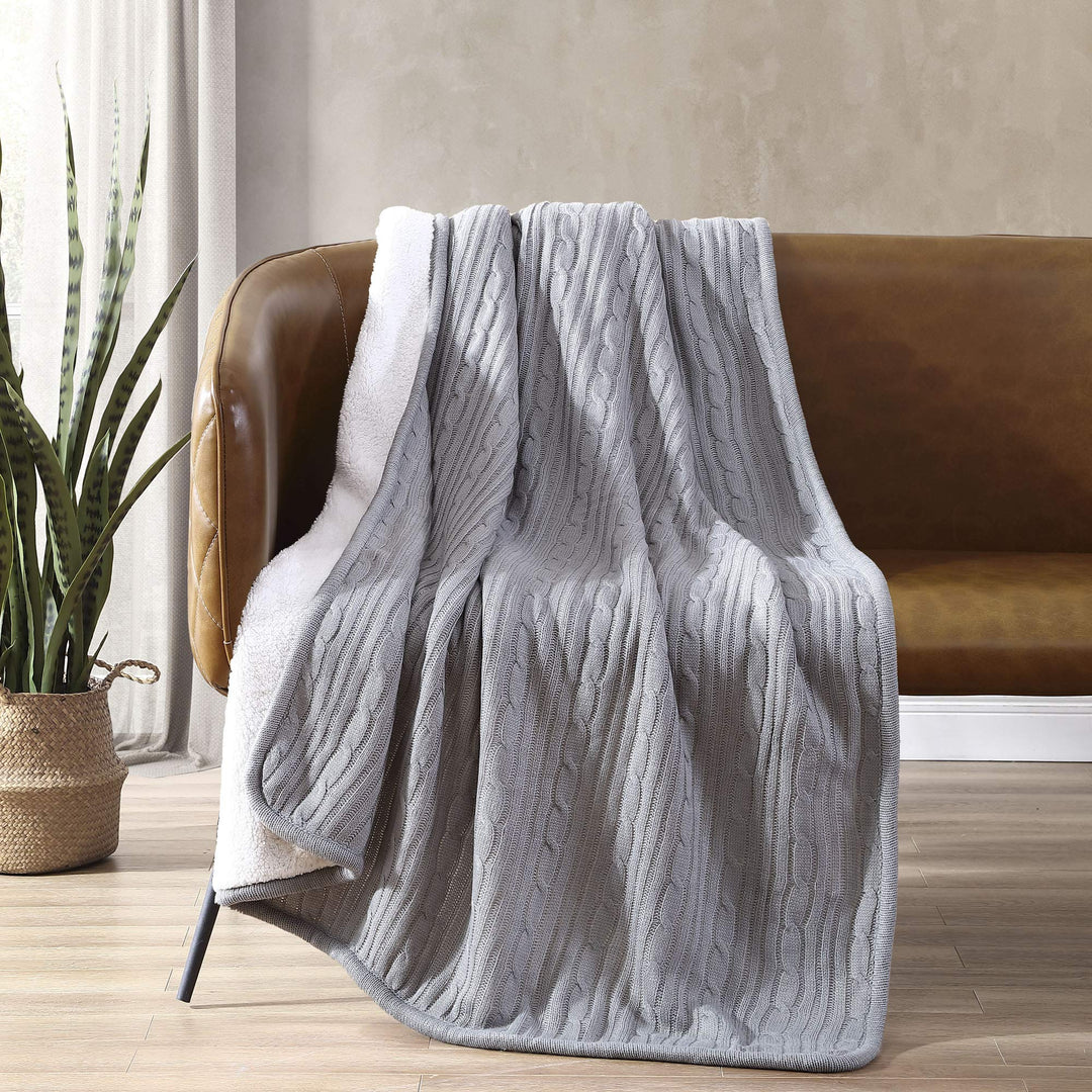 Cozy Cable Knit Throw Blanket - All Season Chic Thick Sweater Knitting for Couch Sofa Bed with Soft Sherpa Lining, Grey