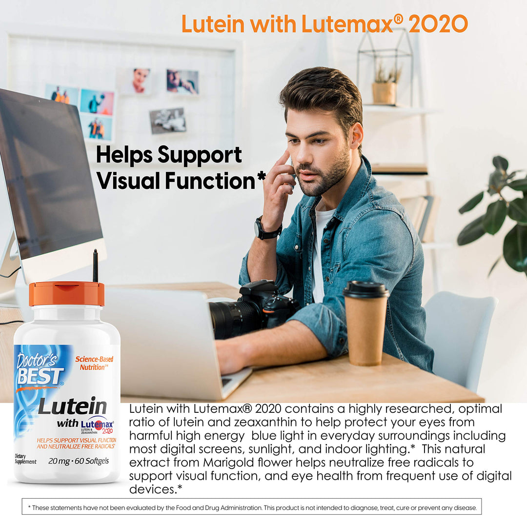 Doctor&#39;s Best Lutein Featuring Lutemax, Non-GMO, Gluten Free, Eye Health, 20 mg, 60 Softgels