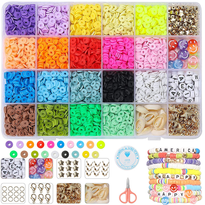 2022 New 4500 PCS Clay Beads for Bracelets Making, Polymer Clay Beads Kit 19 Colors Flat Beads for Jewelry Making DIY Round Disc Letter Beads for Necklace Making Set with Smiley Face Heishi Beads