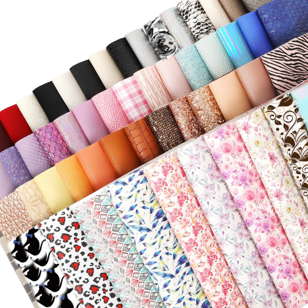 30 Pieces Random Colors Faux Leather Sheets 8X 6Inch Multiple Styles Mixed Glitter Grain Texture Embossed Pattern Printed Colored Leather for Earrings Making Hair Bow and Crafts DIY