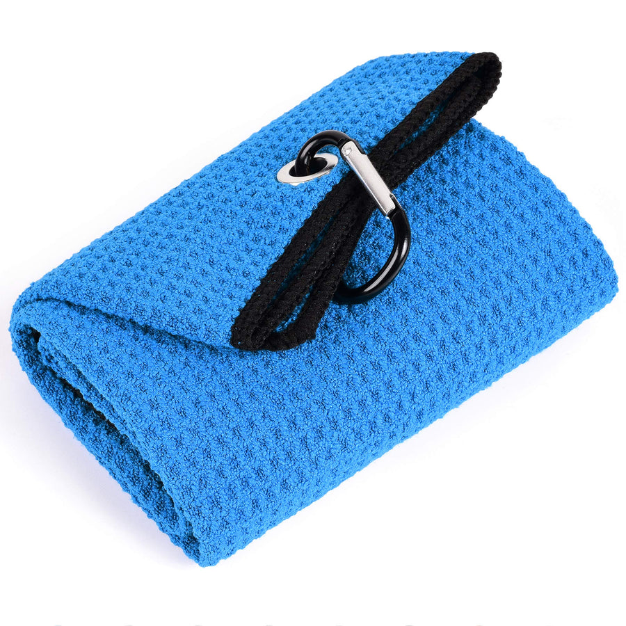 Tri-fold Golf Towel | Premium Microfiber Fabric | Waffle Pattern | with Heavy Duty Carabiner Clip | Golf Towel for Men and Women (BlueGolf Towel)