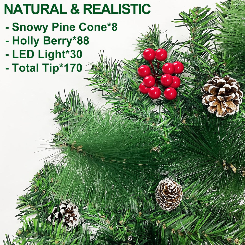 6 Ft 30 LED Prelit Christmas Garland with Lights Timer 8 Modes 170 Branch Snowy Bristle 8 Pinecones 88 Red Berries Battery Operated Cedar Garland Christmas Decorations Home Indoor Mantle