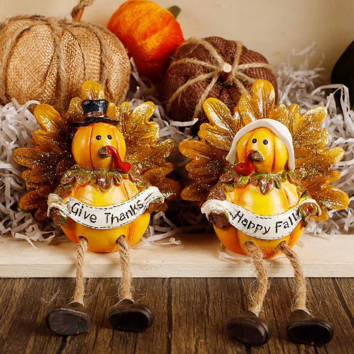 Thanksgiving Turkey Figurines, Set of 2 Resin Turkey Shelf Sitters with Dangling Legs, Give Thanks Happy Fall Harvest Sculpture for Window Sill Kitchen Tabletop Autumn Home Decor