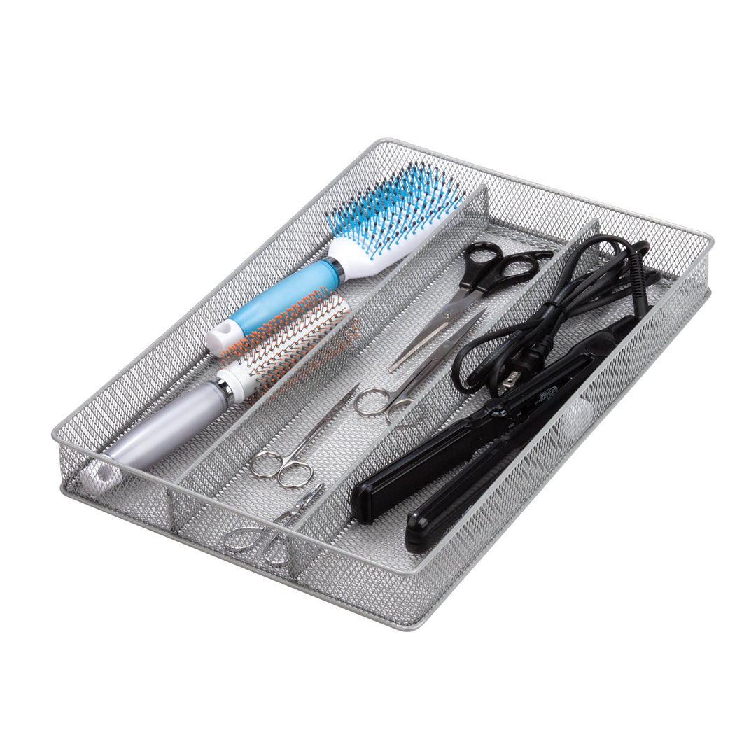 KCH-02157 Steel Mesh 3-Compartment Cutlery Utensil Organizer, Silver