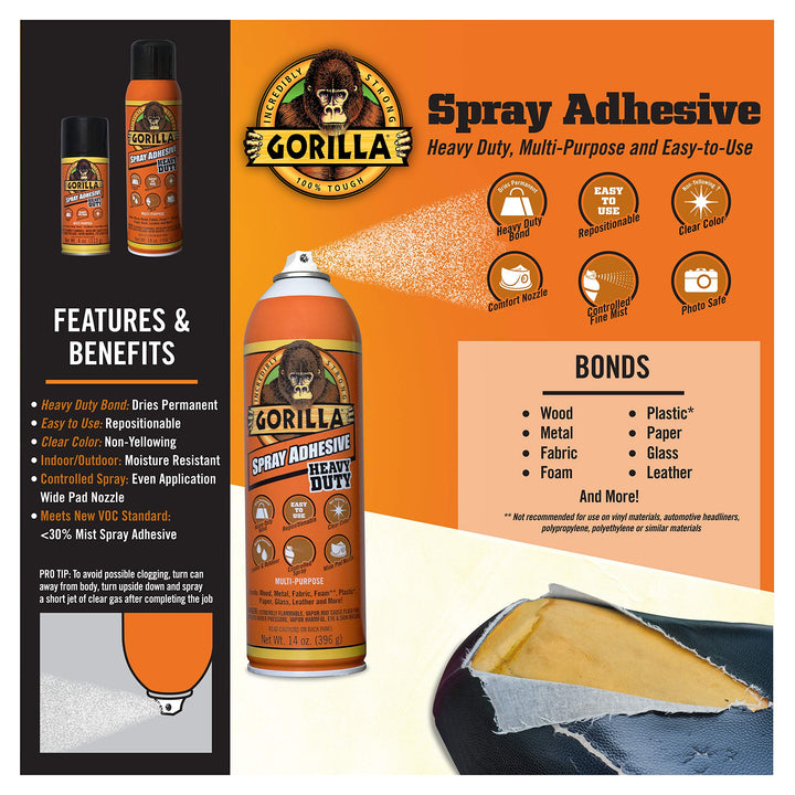 Gorilla Gorilla Heavy Duty Spray Adhesive, Multipurpose and Repositionable, 14 Ounce, Clear