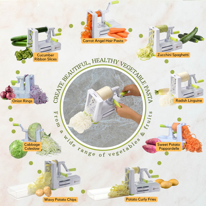 7-Blade Vegetable Spiralizer: Strongest-Heaviest Spiral Slicer, Best Veggie Pasta Spaghetti Maker for Low Carb/Paleo/Gluten-Free Meals, With Container, Lid, Blade Caddy &amp; 4 Recipe Ebooks