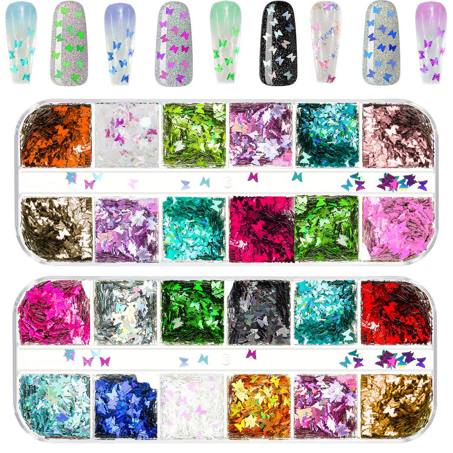 Butterfly Nail Art 24 Colors 3D Butterfly Decals Stickers Sequins for Nails, Holographic Nail Sparkle Glitter for Nail Art Decoration(2 Boxes)