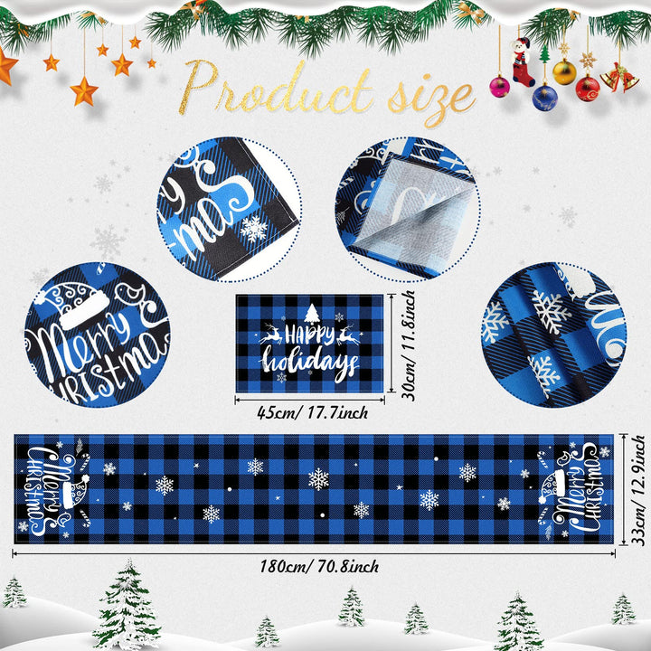 7 Pieces Christmas Buffalo Plaid Table Runner and Placemats Set Merry Christmas Blue Black Buffalo Plaid Table Runner Decor Winter Holiday Table Mats for Christmas Party Supplies Table Decorations