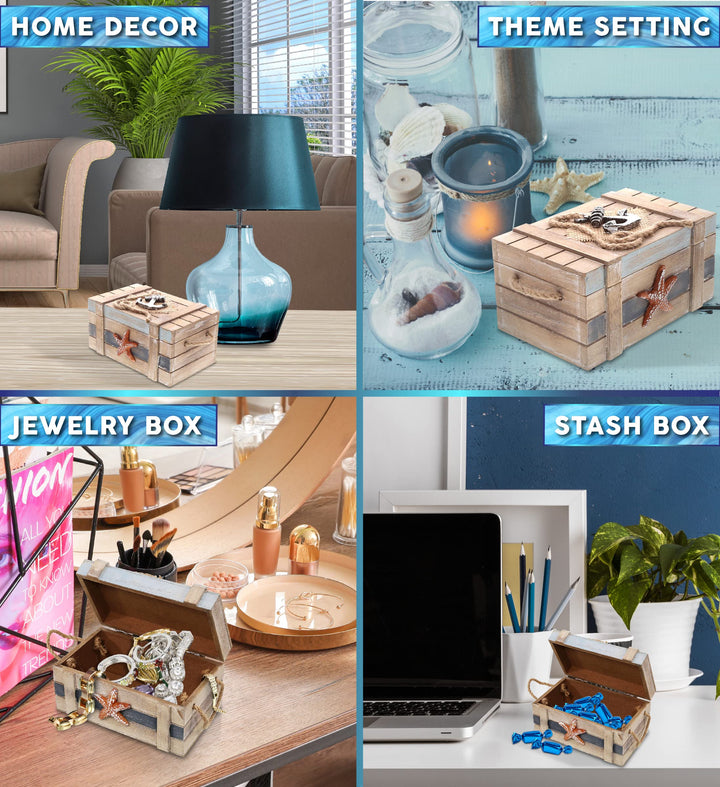 Neptune Wooden Jewelry Box - Handcrafted Nautical Trinket Wooden Box with Starfish and Boat Anchor, Decorative Box With Hinged Lid for Beach Home Decor, Beach Souvenirs - 6.5 Inches