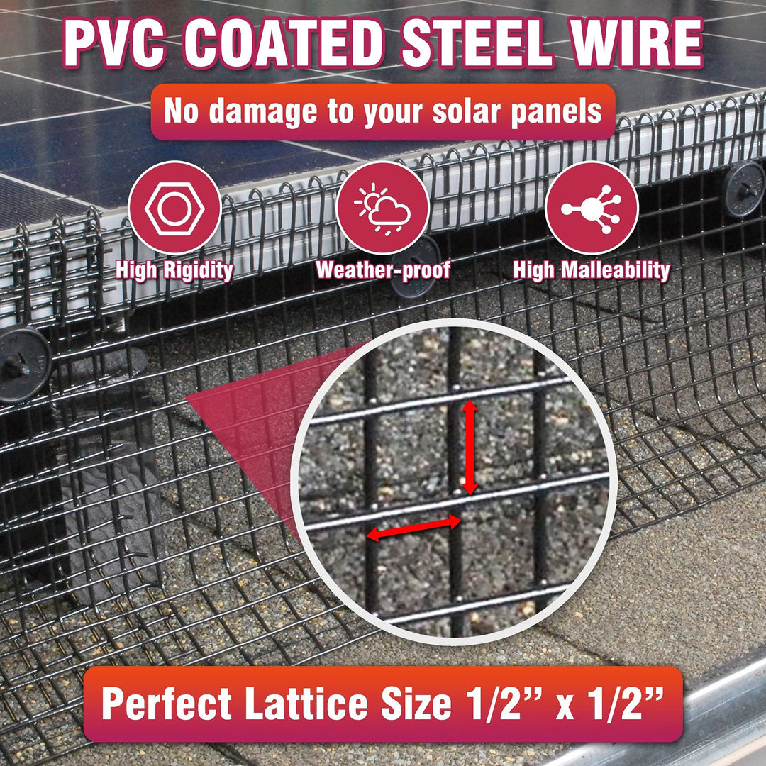 6x120FT Solar Mesh Screen for Bird Proofing Solar Panels, Solar Panel Bird Guard &amp; Black PVC Coated Galvanized Steel with 60 Fastener Solar Panel Clips, Cutting Scissor &amp; Gloves Included
