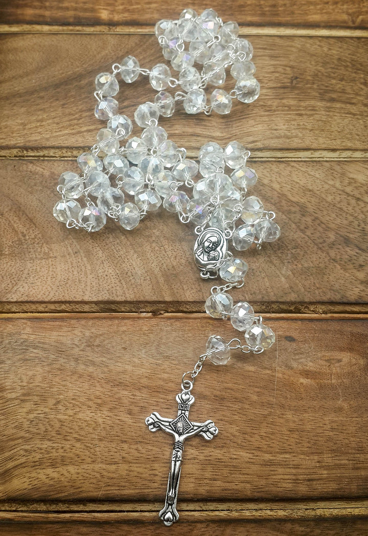 White Clear Crystal Beads Rosary Prayer Beaded Necklace with Holy Soil Medal and Jesus Cross Communion Rosary