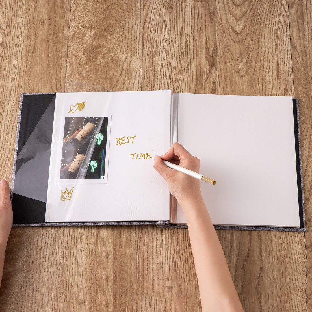 Self Adhesive Photo Album 3x5 4x6 5x7 6x8 8x10 Acid Free Magnetic Pages DIY Scrapbook,Length 11x Width10.6 (lnches) 40 Pages Linen Cover Photo Book with A Metallic Pen (Gray)
