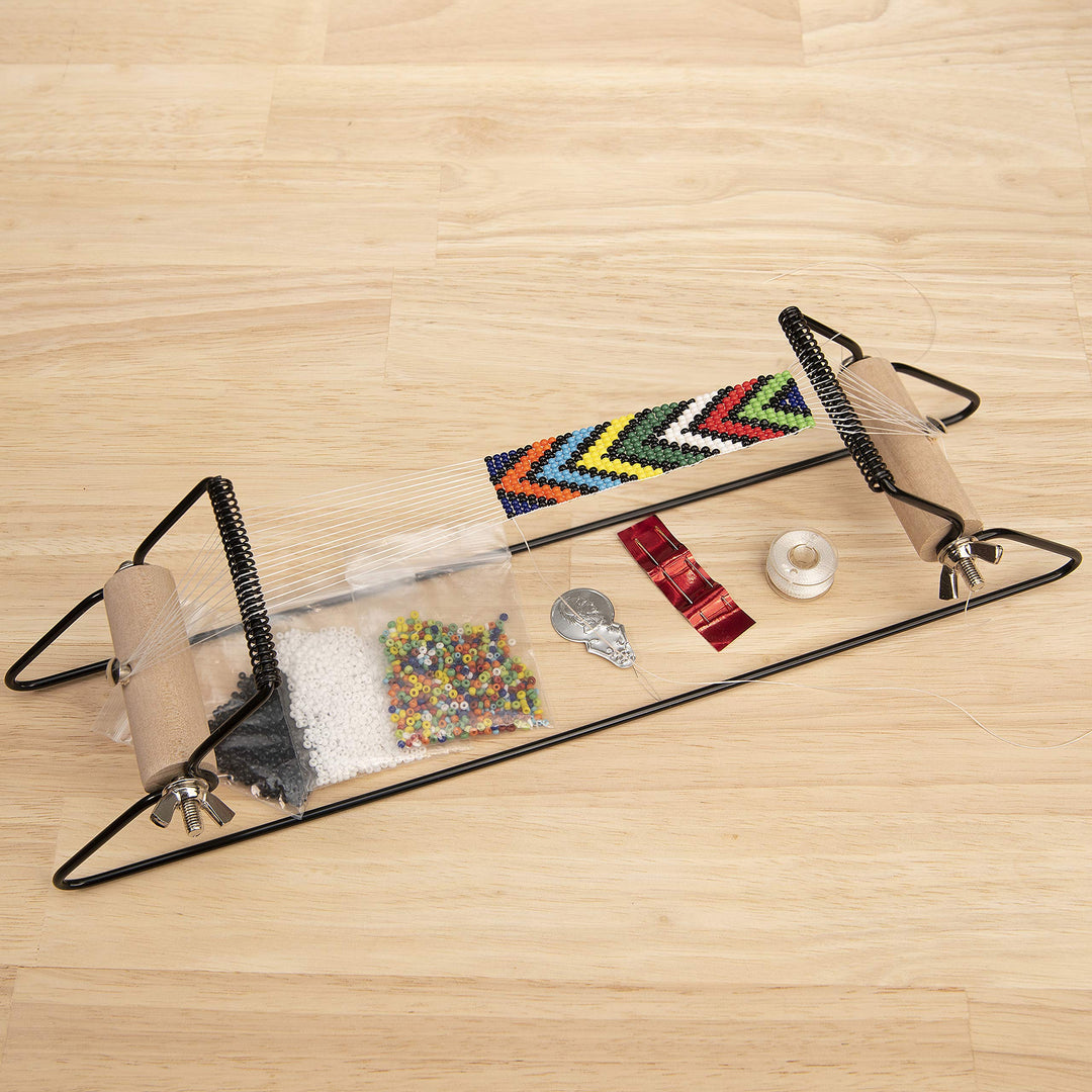 Metal Bead Loom Kit, Includes Loom (12.5 x 2.5 x 3), Thread, Needles, and 18 Grams Glass Beads for Bracelets, Necklaces, Belts, and More