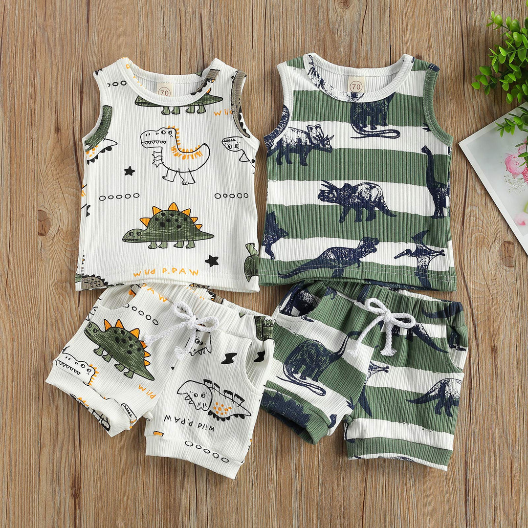 2pcs Summer Newborn Baby Boy Clothes Cute Dinosaur Letter Print Ribbed Sleeveless Tops Shorts Infant Boy Outfit Set