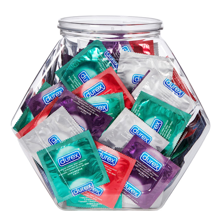 Durex Condom Fish Bowl Natural Rubber Latex Bulk Condoms, 144 Count, a Variety Pack Assortment of Ultra Fine & Lubricated Condoms for Men