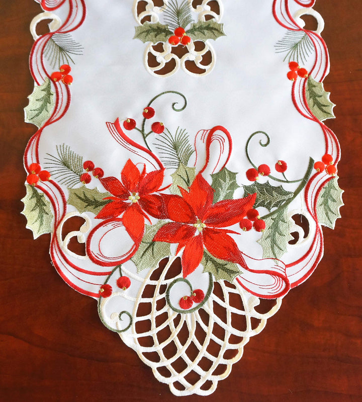 Holiday Christmas Table Runner 13x54, Cutwork Embroider