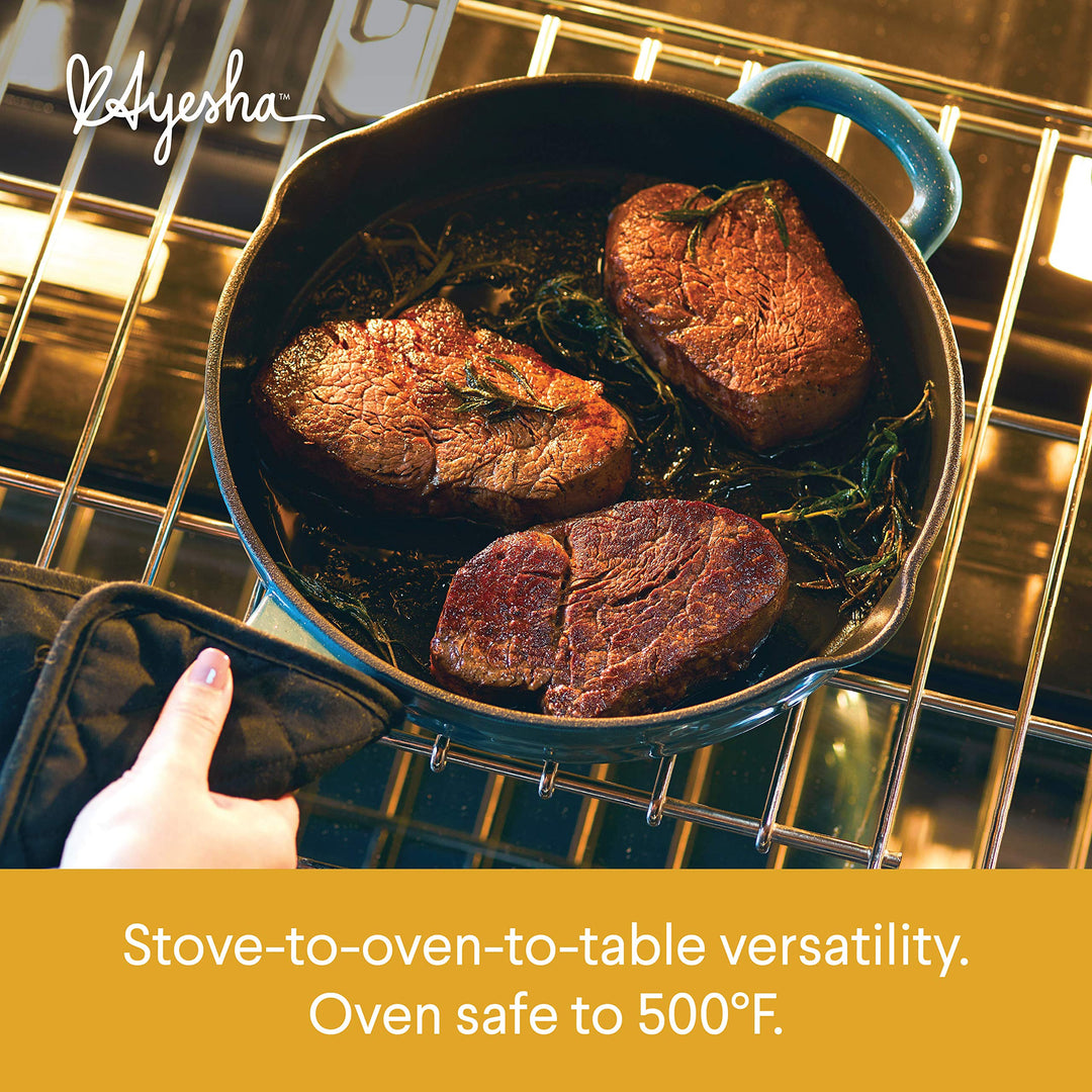 Curry Enameled Cast Iron Skillet/Fry Pan with Pour Spouts, Skillet (10), Twilight Teal