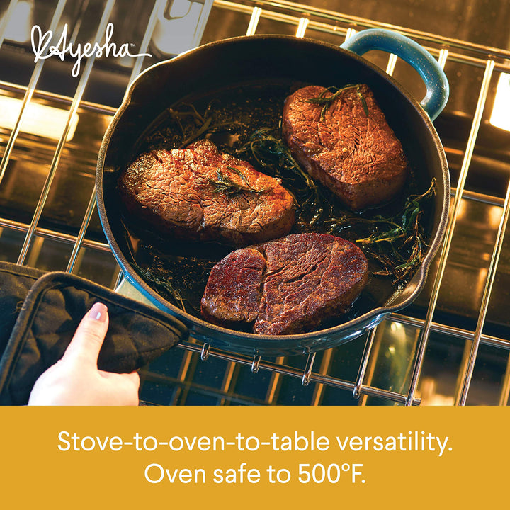 Curry Enameled Cast Iron Skillet/Fry Pan with Pour Spouts, Skillet (10), Twilight Teal